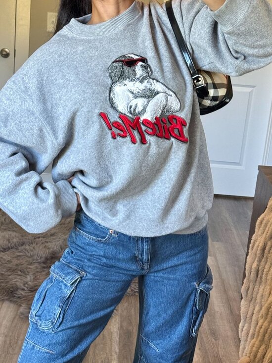 Big Dogs Sweaters - Vintage 90s Polar Dogs Gray 'Bite Me' Fleece Sweater Medium Big Dogs Embroidered